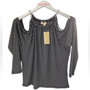 Michael Kors Cold Shoulder Long Sleeve Blouse, NWT, Size-M, Color-Black/White